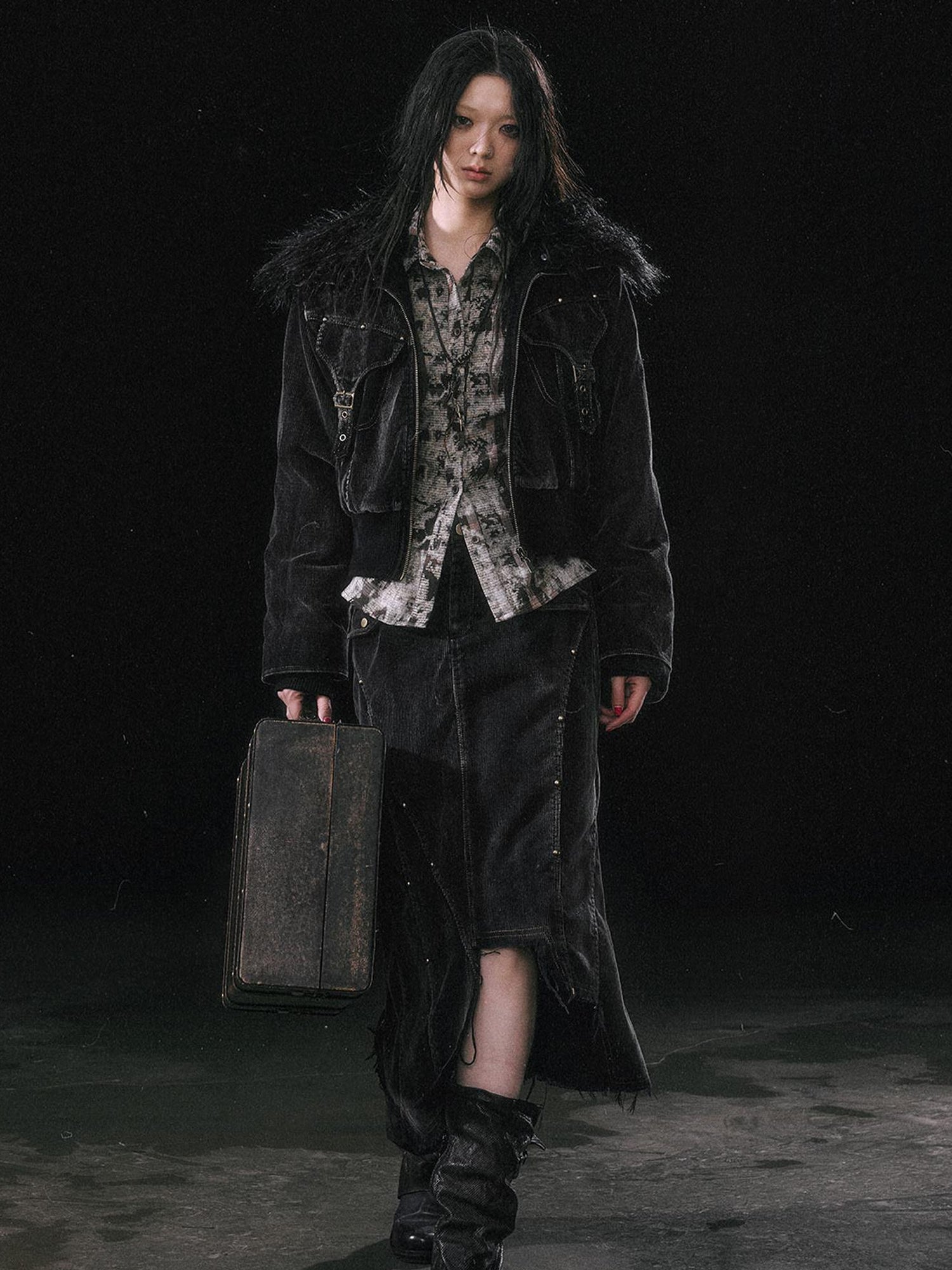 Update c Vintage Black Corduroy Bomber Jacket With Detachable Fur Collar