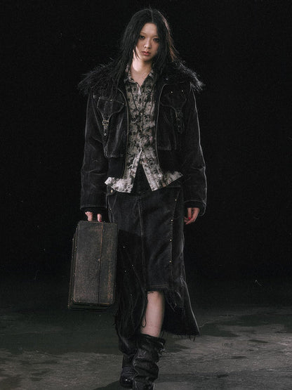 Update c Vintage Black Corduroy Bomber Jacket With Detachable Fur Collar