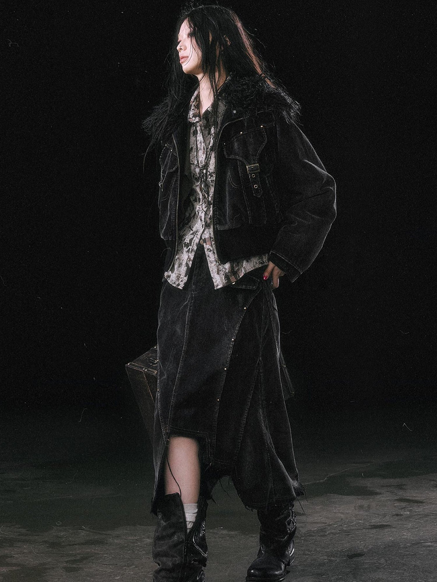 Update c Vintage Black Corduroy Bomber Jacket With Detachable Fur Collar