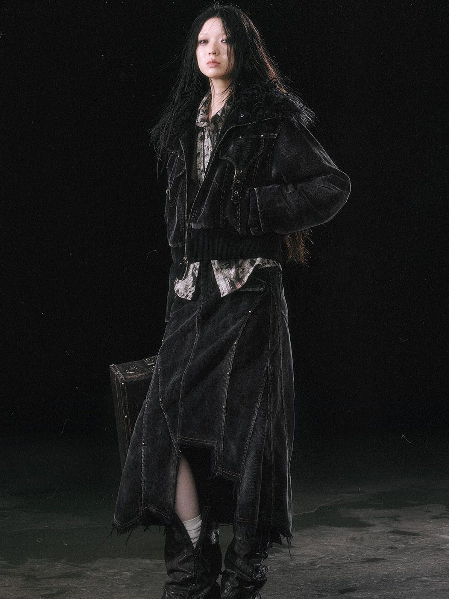 Update c Vintage Black Corduroy Bomber Jacket With Detachable Fur Collar