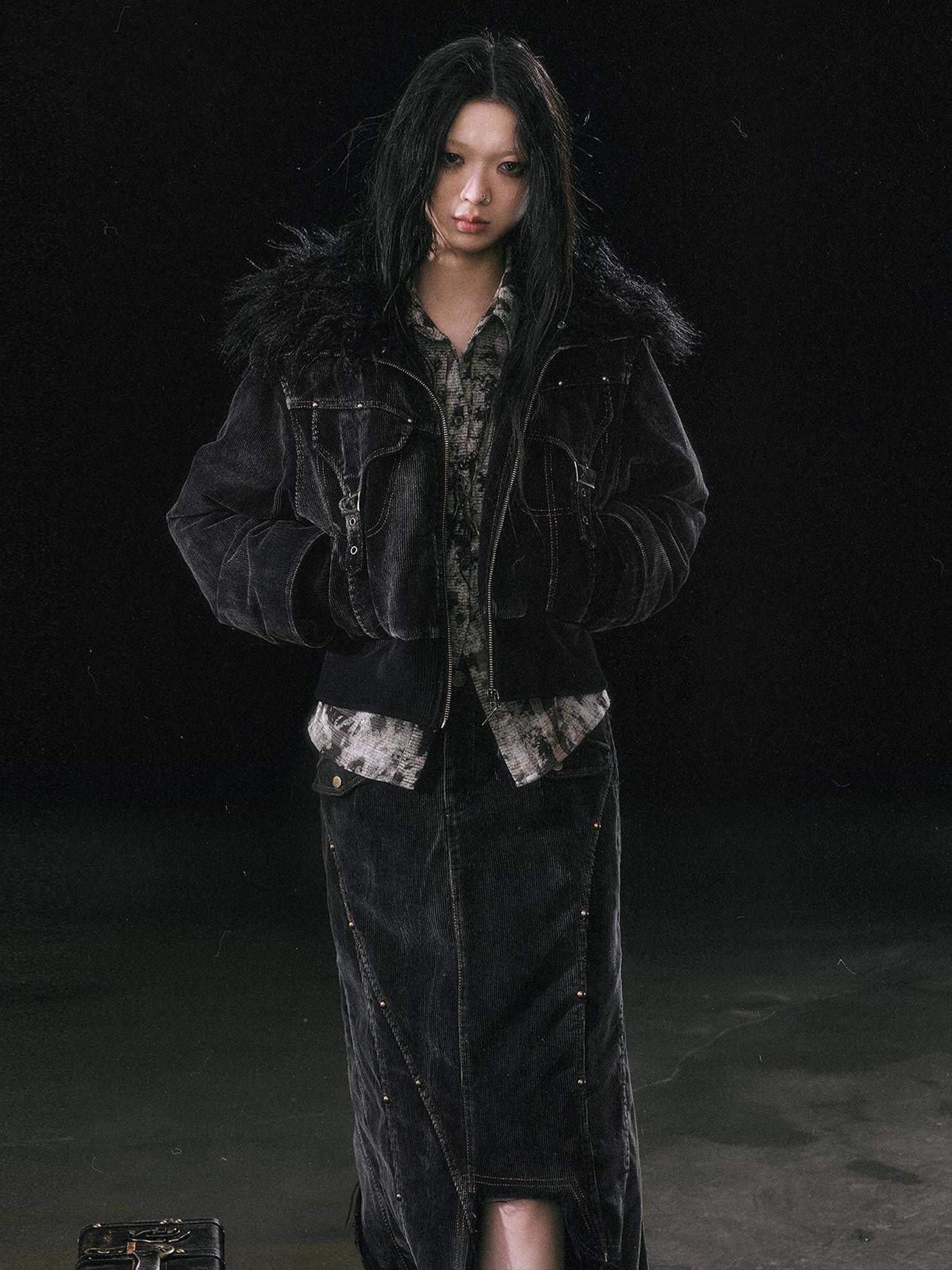 Update c Vintage Black Corduroy Bomber Jacket With Detachable Fur Collar