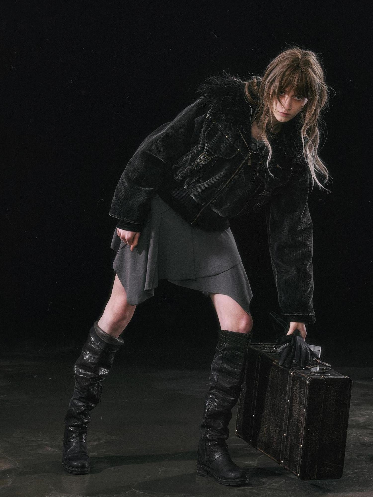 Update c Vintage Black Corduroy Bomber Jacket With Detachable Fur Collar