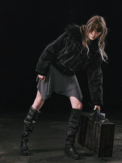 Update c Vintage Black Corduroy Bomber Jacket With Detachable Fur Collar