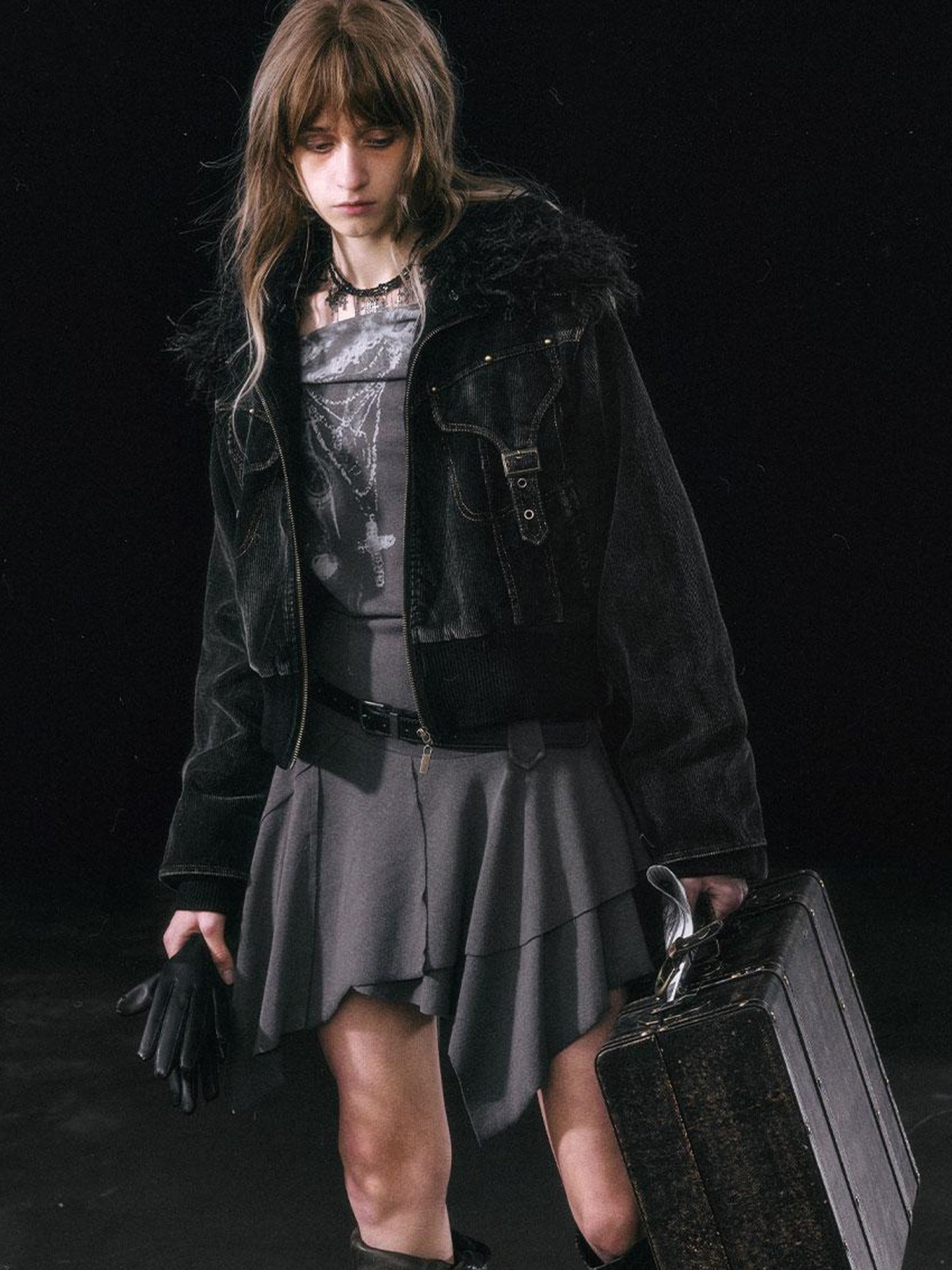 Update c Vintage Black Corduroy Bomber Jacket With Detachable Fur Collar
