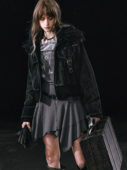 Update c Vintage Black Corduroy Bomber Jacket With Detachable Fur Collar