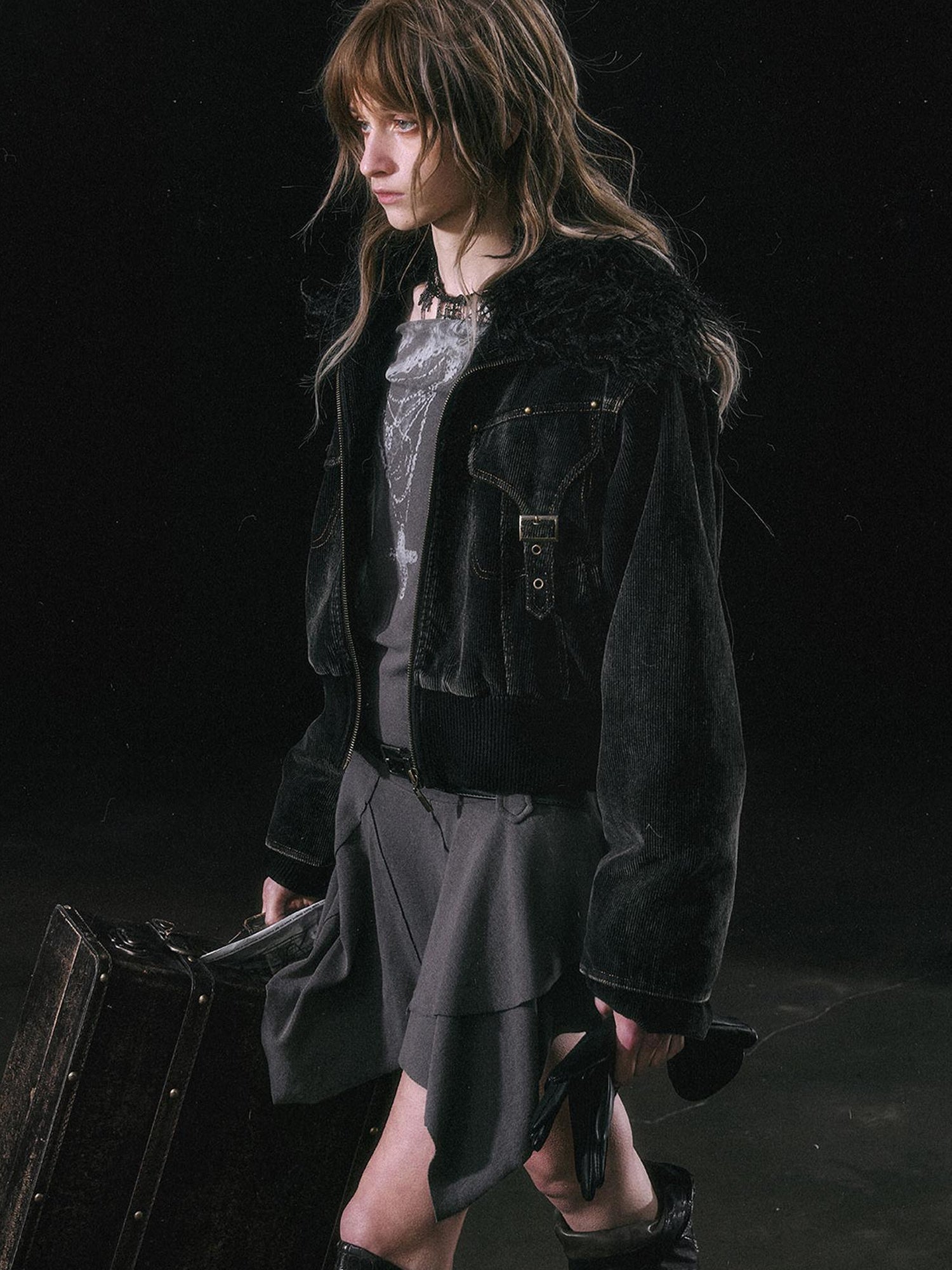 Update c Vintage Black Corduroy Bomber Jacket With Detachable Fur Collar