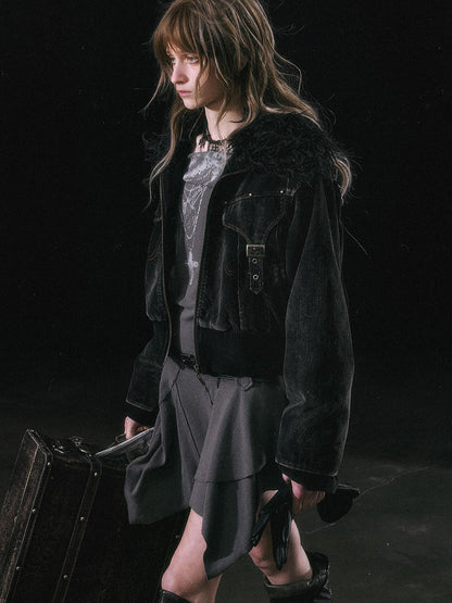 Update c Vintage Black Corduroy Bomber Jacket With Detachable Fur Collar