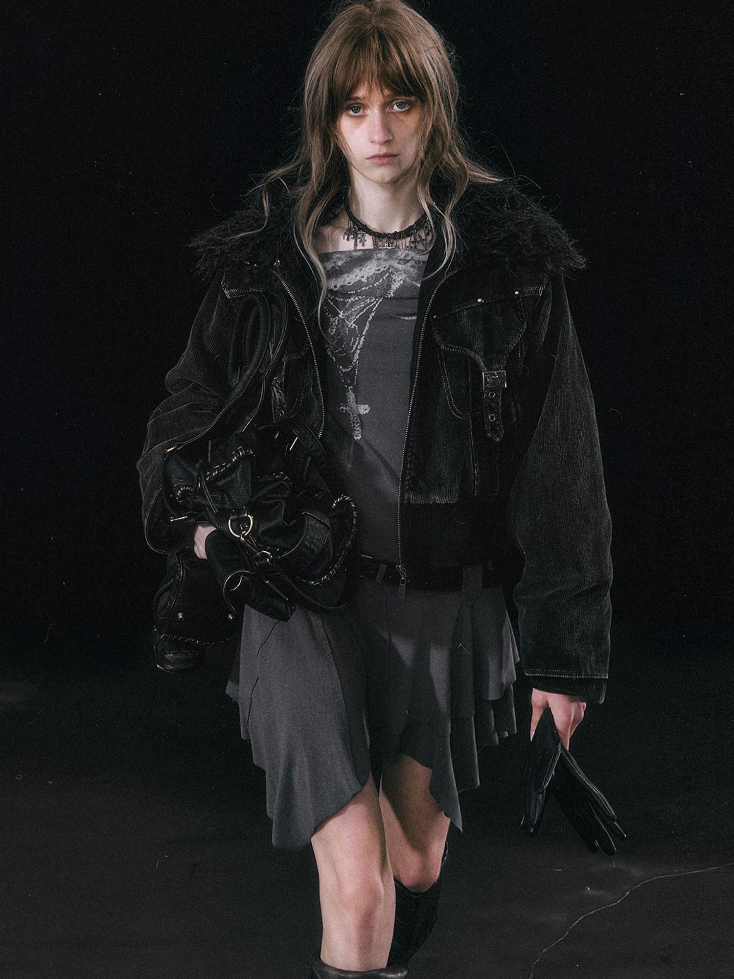 Update c Vintage Black Corduroy Bomber Jacket With Detachable Fur Collar