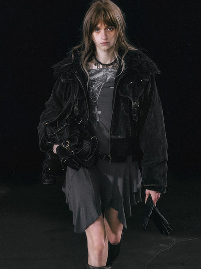 Update c Vintage Black Corduroy Bomber Jacket With Detachable Fur Collar