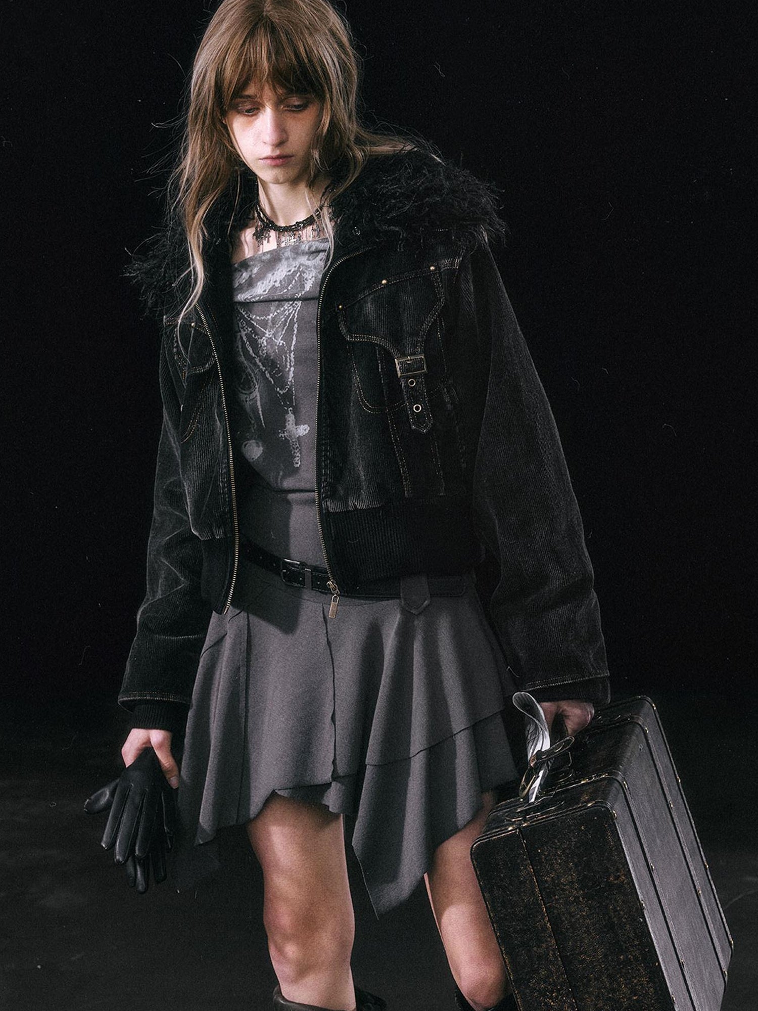 Update c Vintage Black Corduroy Bomber Jacket With Detachable Fur Collar