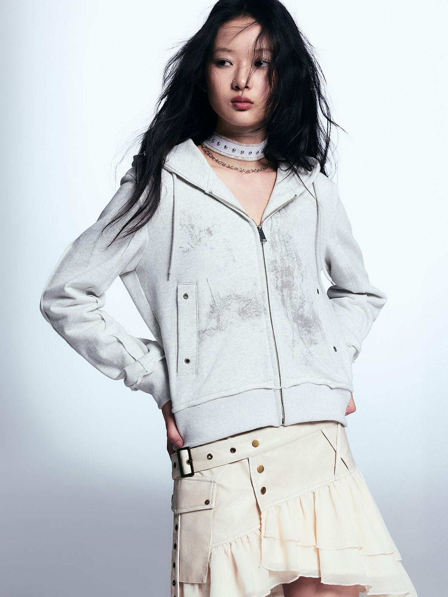 c Vintage Distressed Leather Asymmetrical Tulle Skirt