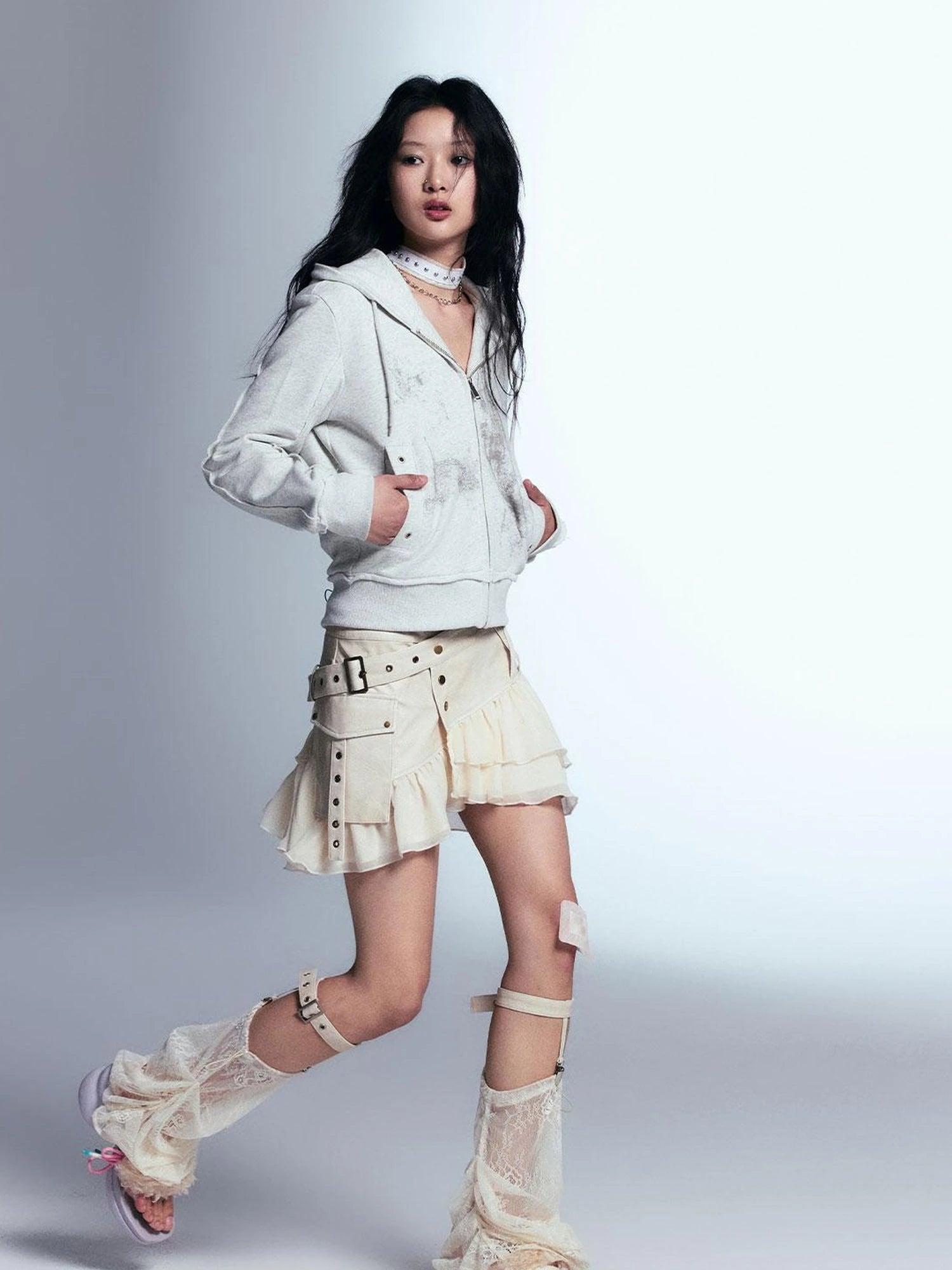 Vintage Distressed Leather Asymmetrical Tulle Skirt