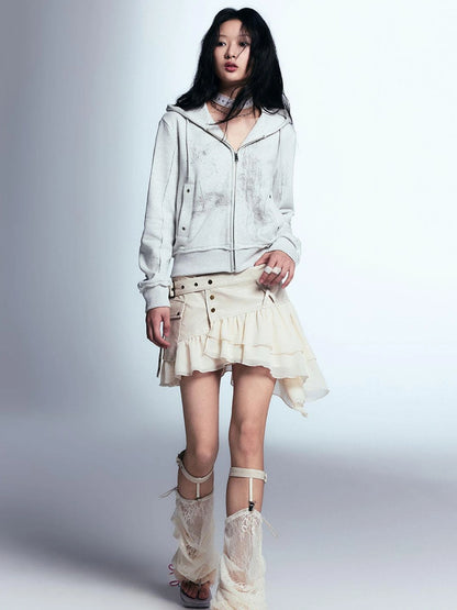 Vintage Distressed Leather Asymmetrical Tulle Skirt