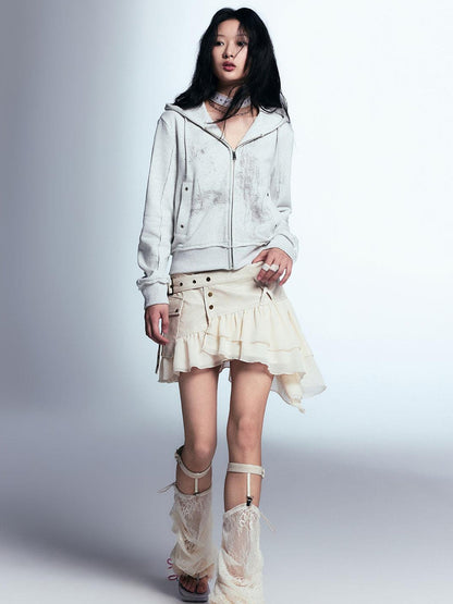 c Vintage Distressed Leather Asymmetrical Tulle Skirt