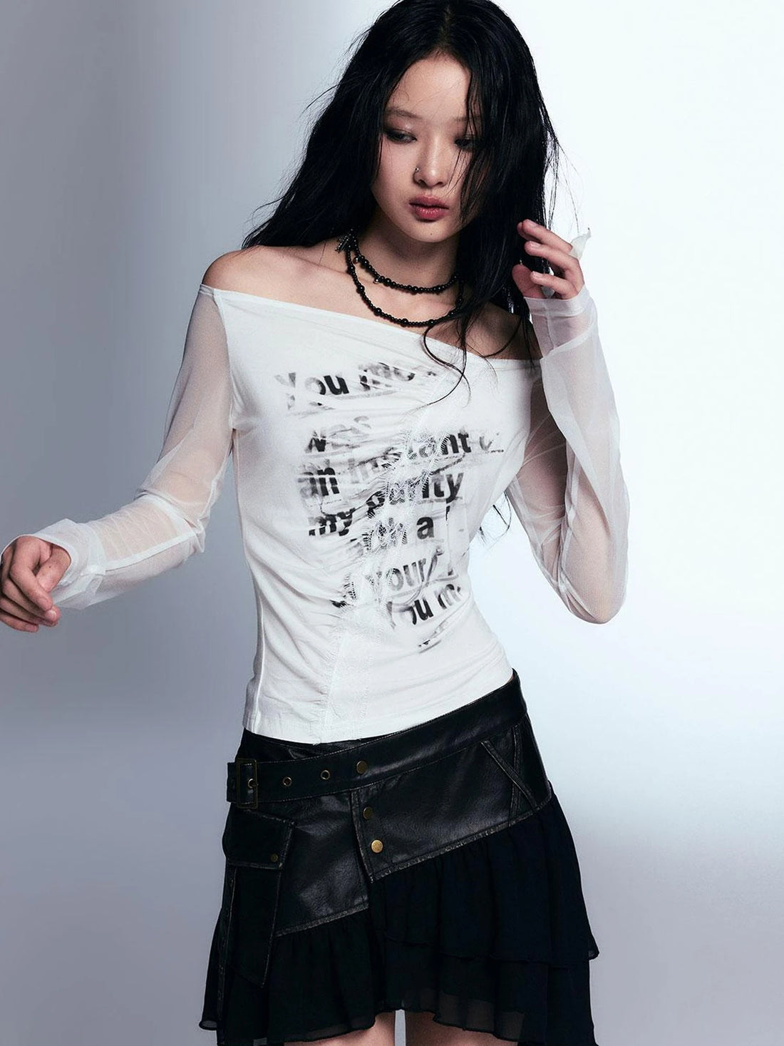 Vintage Distressed Leather Asymmetrical Tulle Skirt