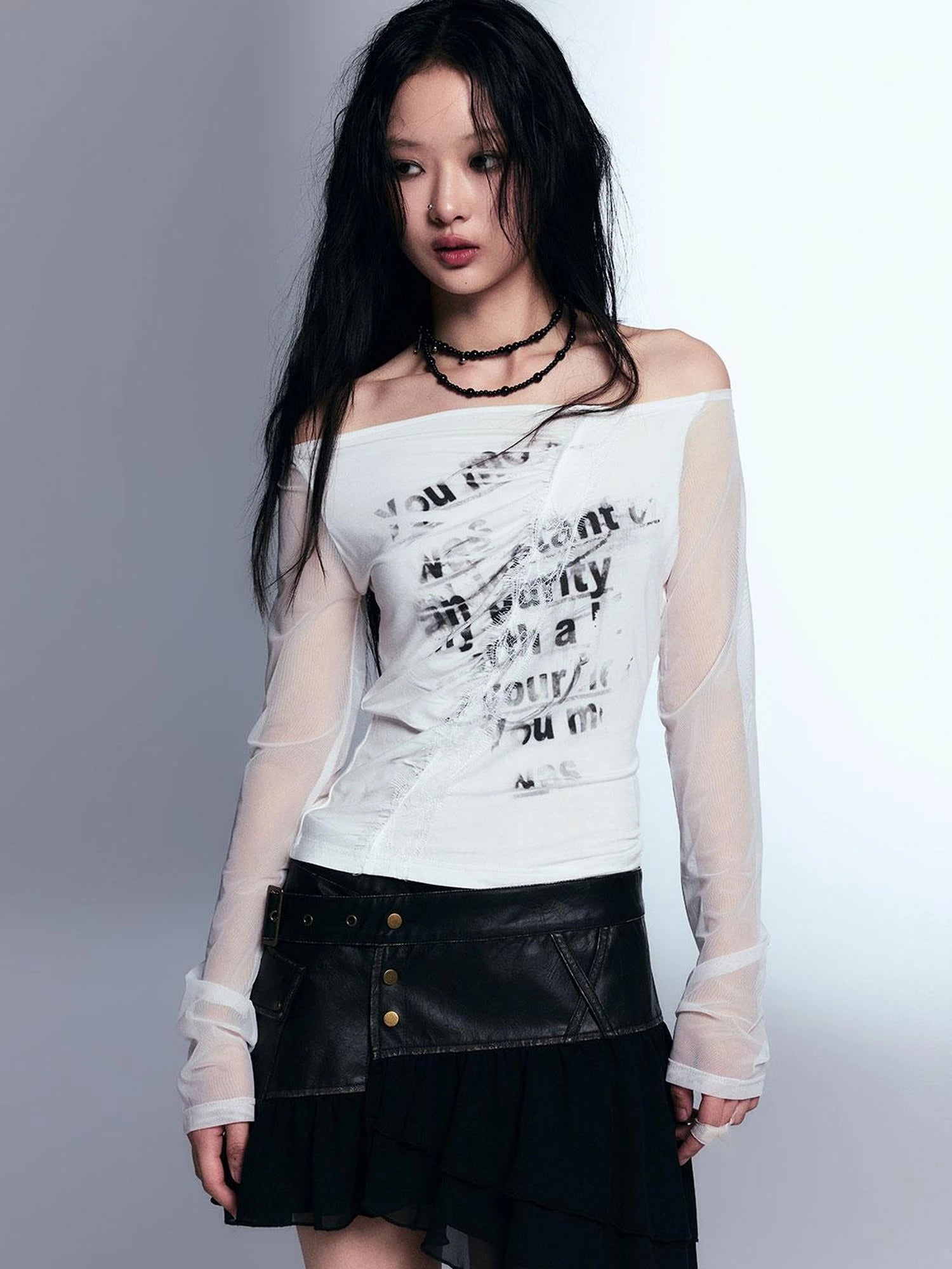 Vintage Distressed Leather Asymmetrical Tulle Skirt