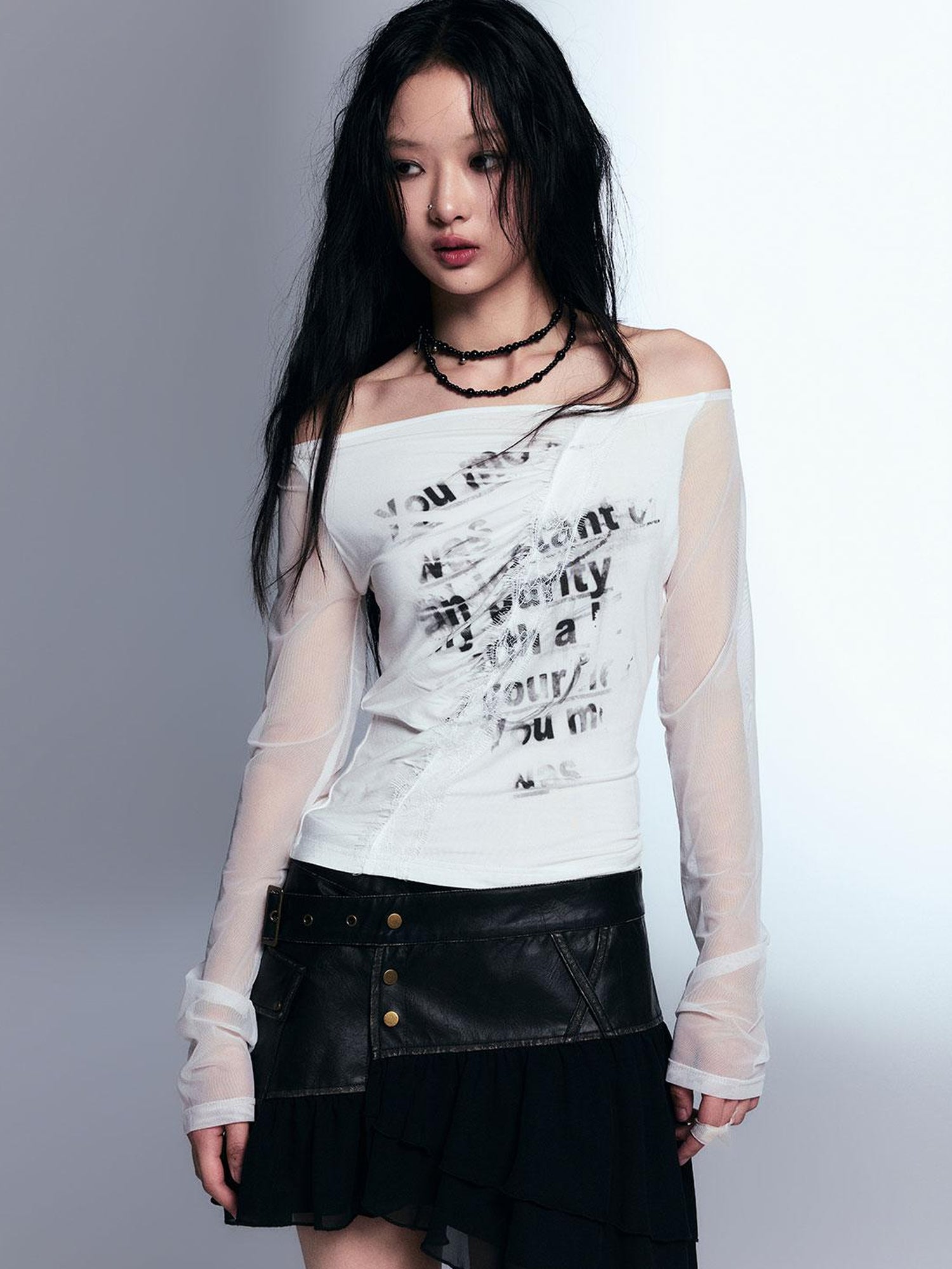 c Vintage Distressed Leather Asymmetrical Tulle Skirt