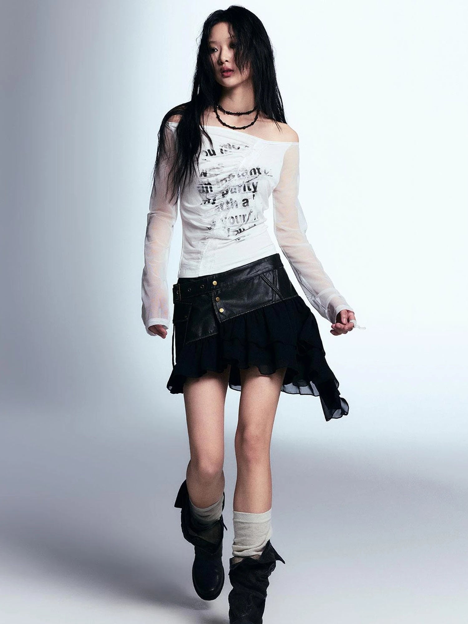 Vintage Distressed Leather Asymmetrical Tulle Skirt