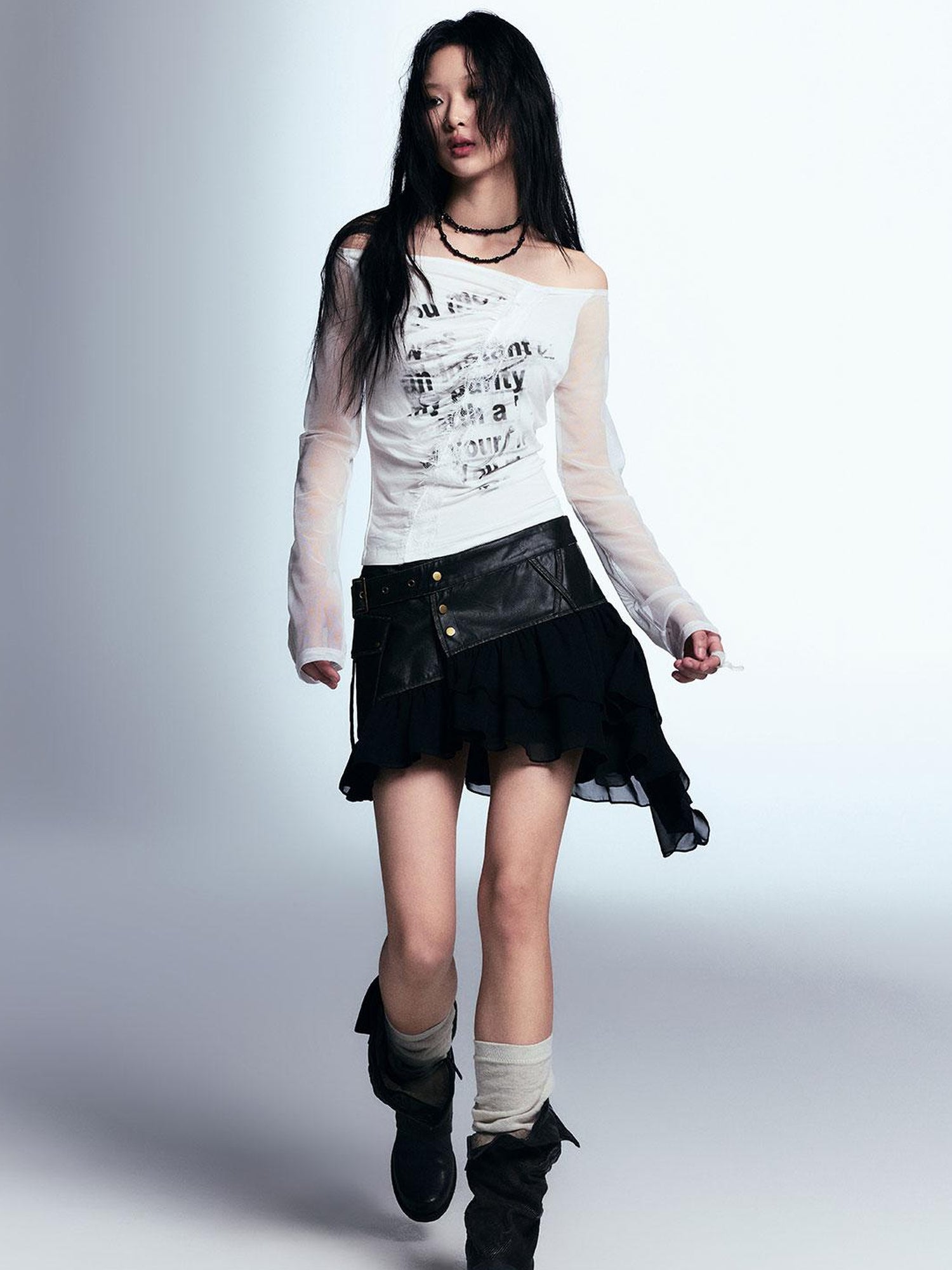 c Vintage Distressed Leather Asymmetrical Tulle Skirt