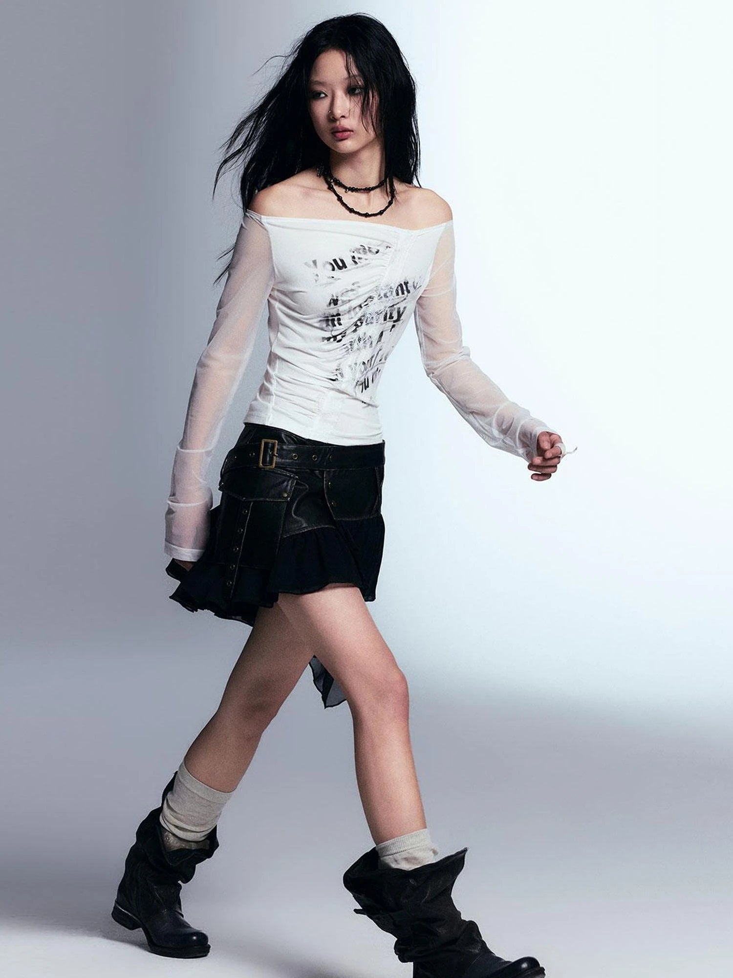 Vintage Distressed Leather Asymmetrical Tulle Skirt