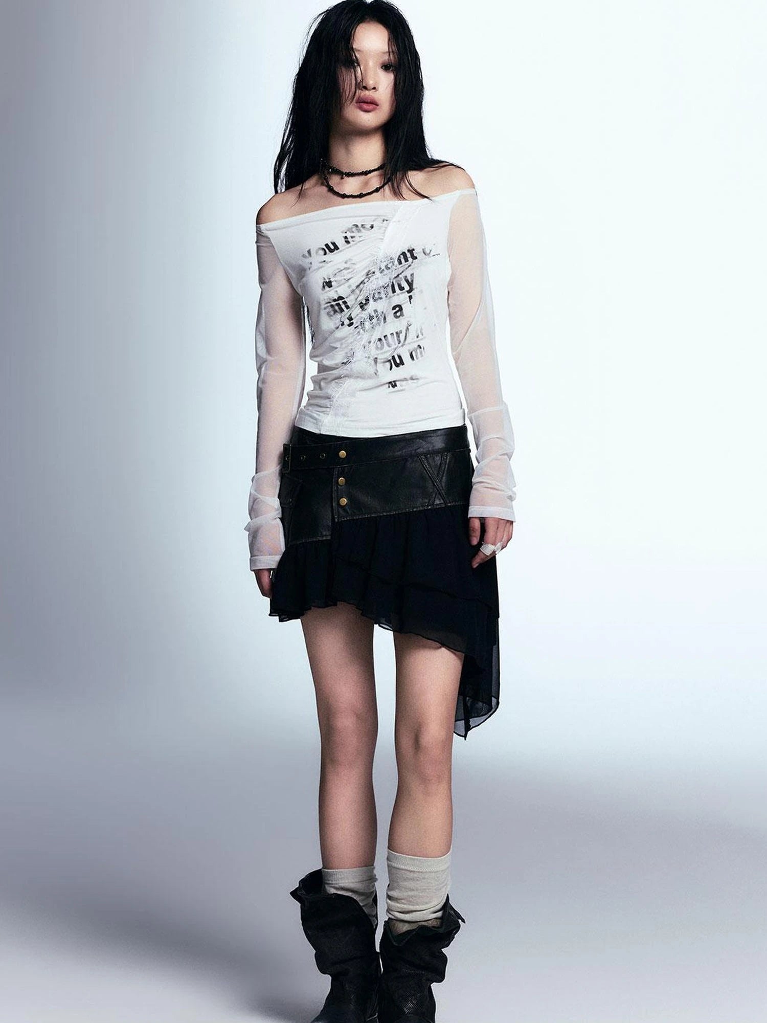 Vintage Distressed Leather Asymmetrical Tulle Skirt