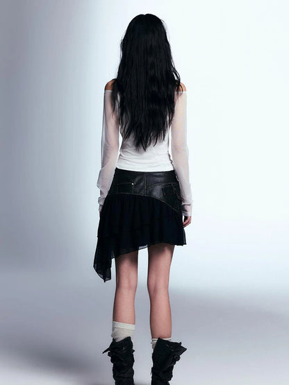 Vintage Distressed Leather Asymmetrical Tulle Skirt