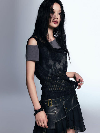 c Vintage Distressed Leather Asymmetrical Tulle Skirt