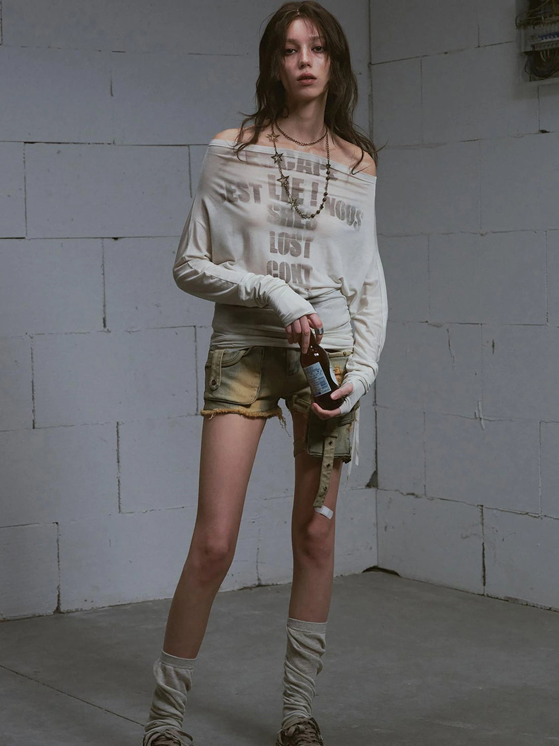 Vintage Washed Blue Green Raw Edge Tie Shorts