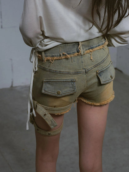 Vintage Washed Blue Green Raw Edge Tie Shorts