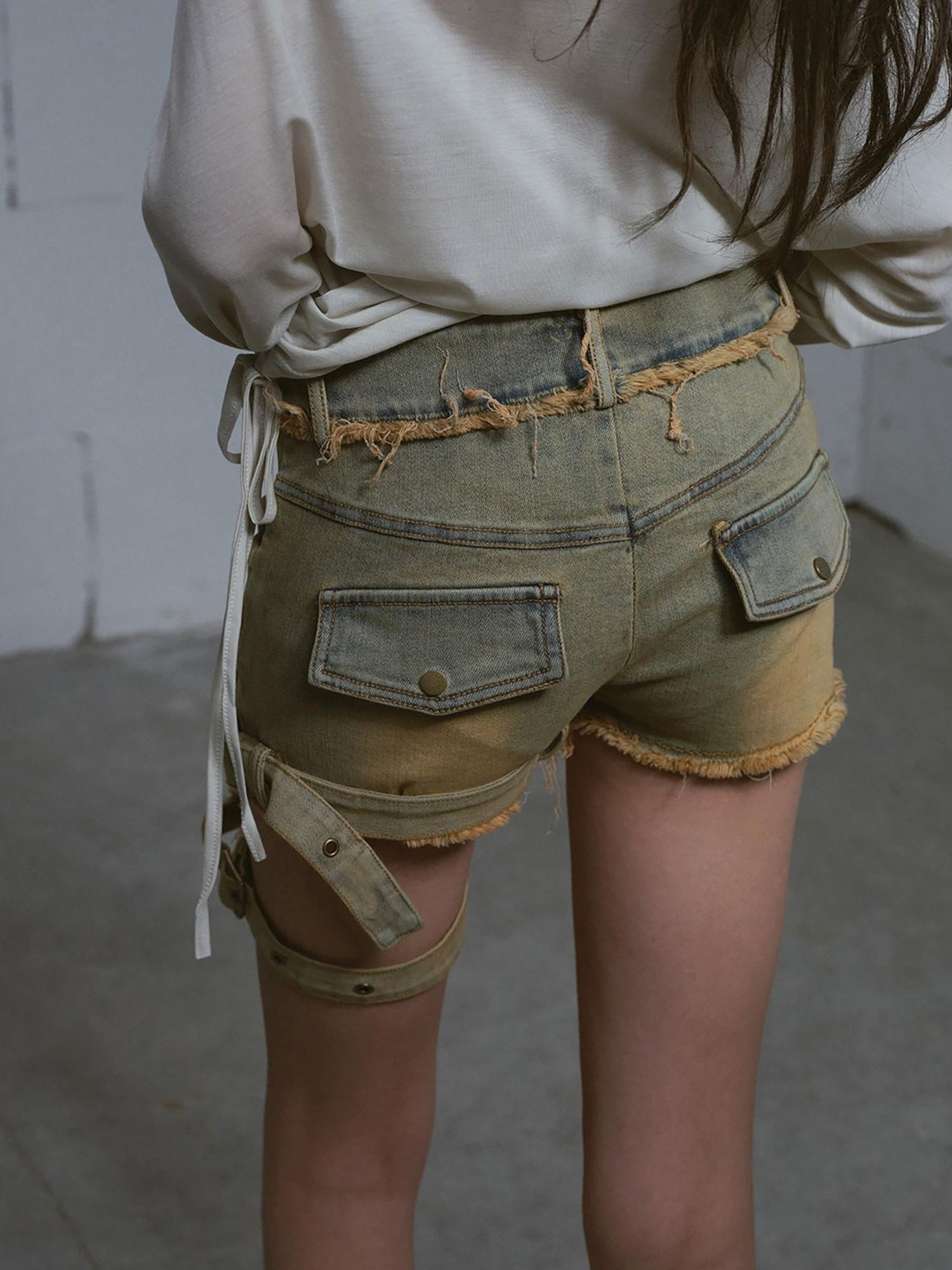 Update c Vintage Washed Blue Green Raw Edge Tie Shorts