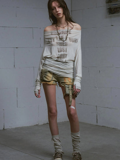 Vintage Washed Blue Green Raw Edge Tie Shorts