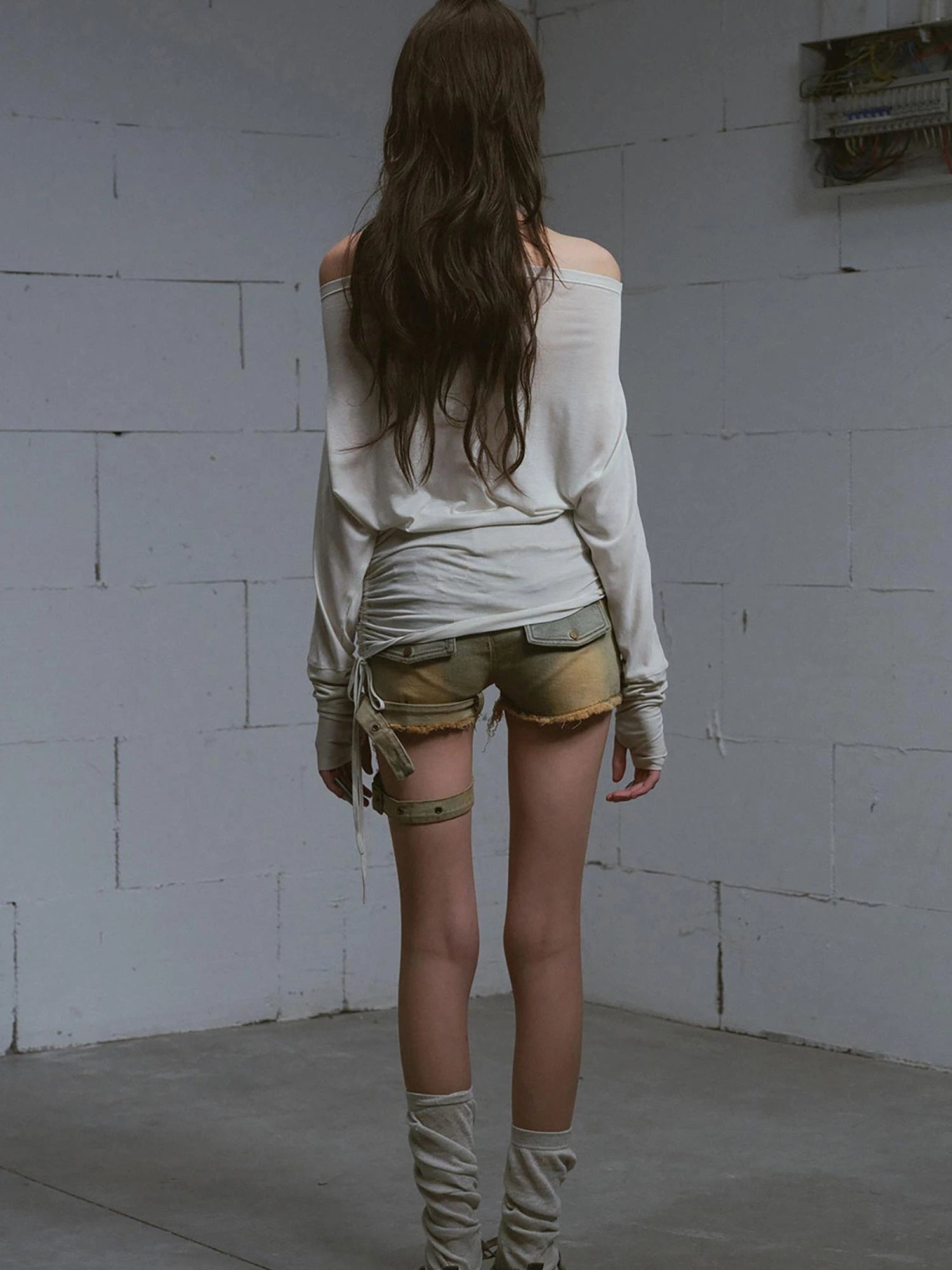 Vintage Washed Blue Green Raw Edge Tie Shorts