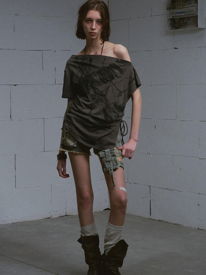 Update c Vintage Washed Blue Green Raw Edge Tie Shorts