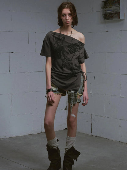 Vintage Washed Blue Green Raw Edge Tie Shorts