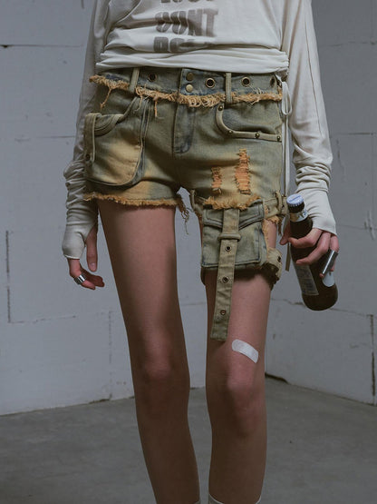 Update c Vintage Washed Blue Green Raw Edge Tie Shorts
