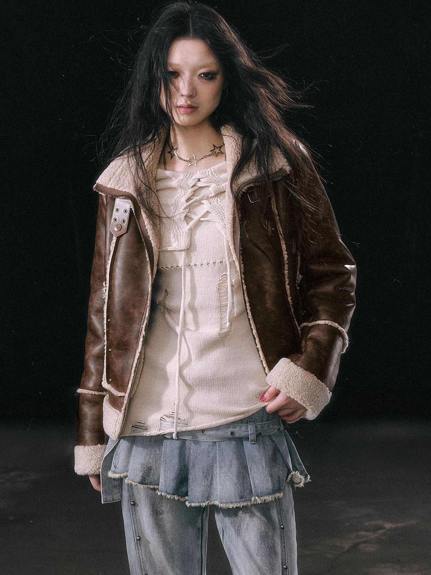 Update c Yanyu Escape Brown Faux Shearling Motorcycle Jacket
