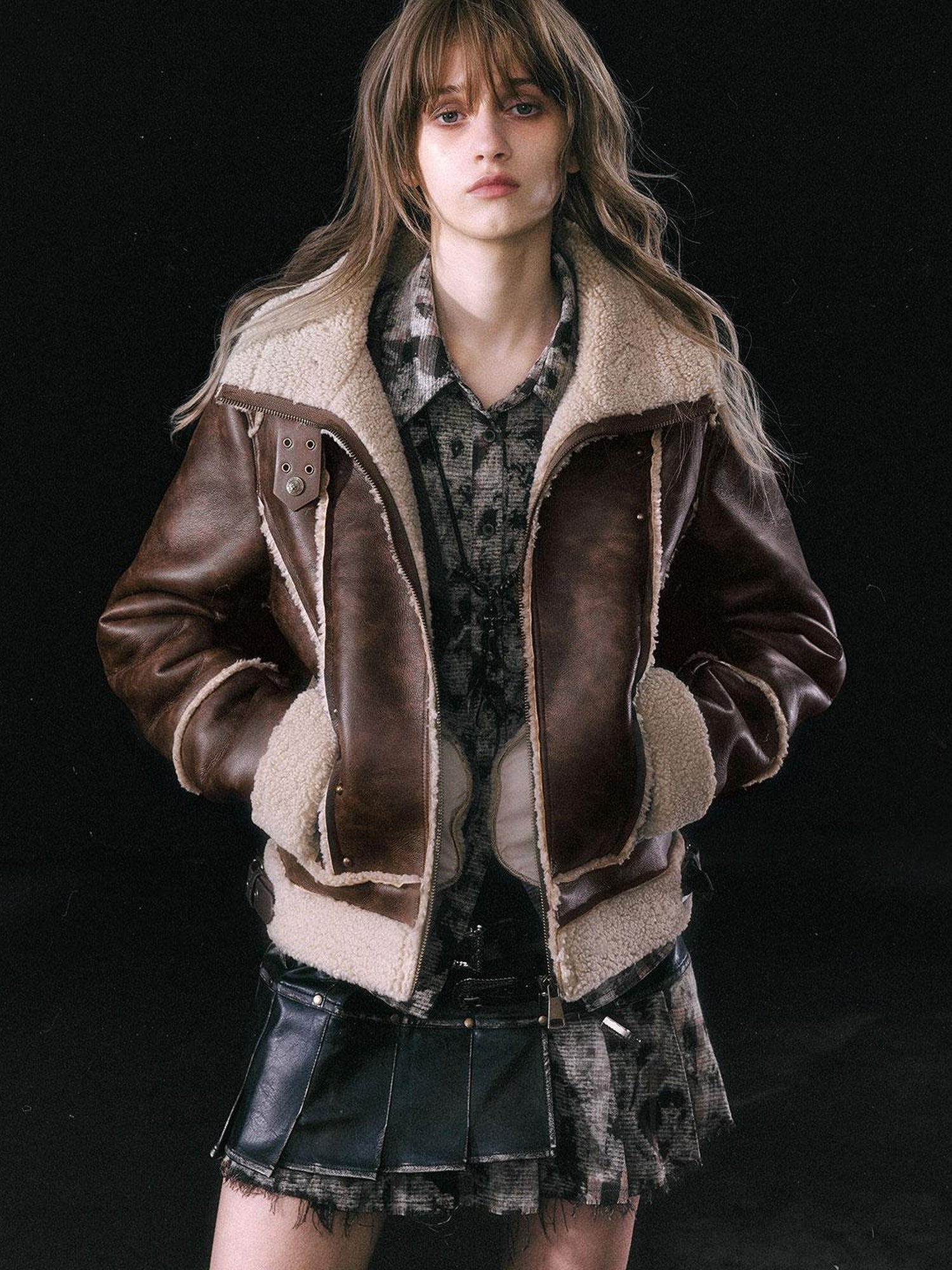 Update c Yanyu Escape Brown Faux Shearling Motorcycle Jacket