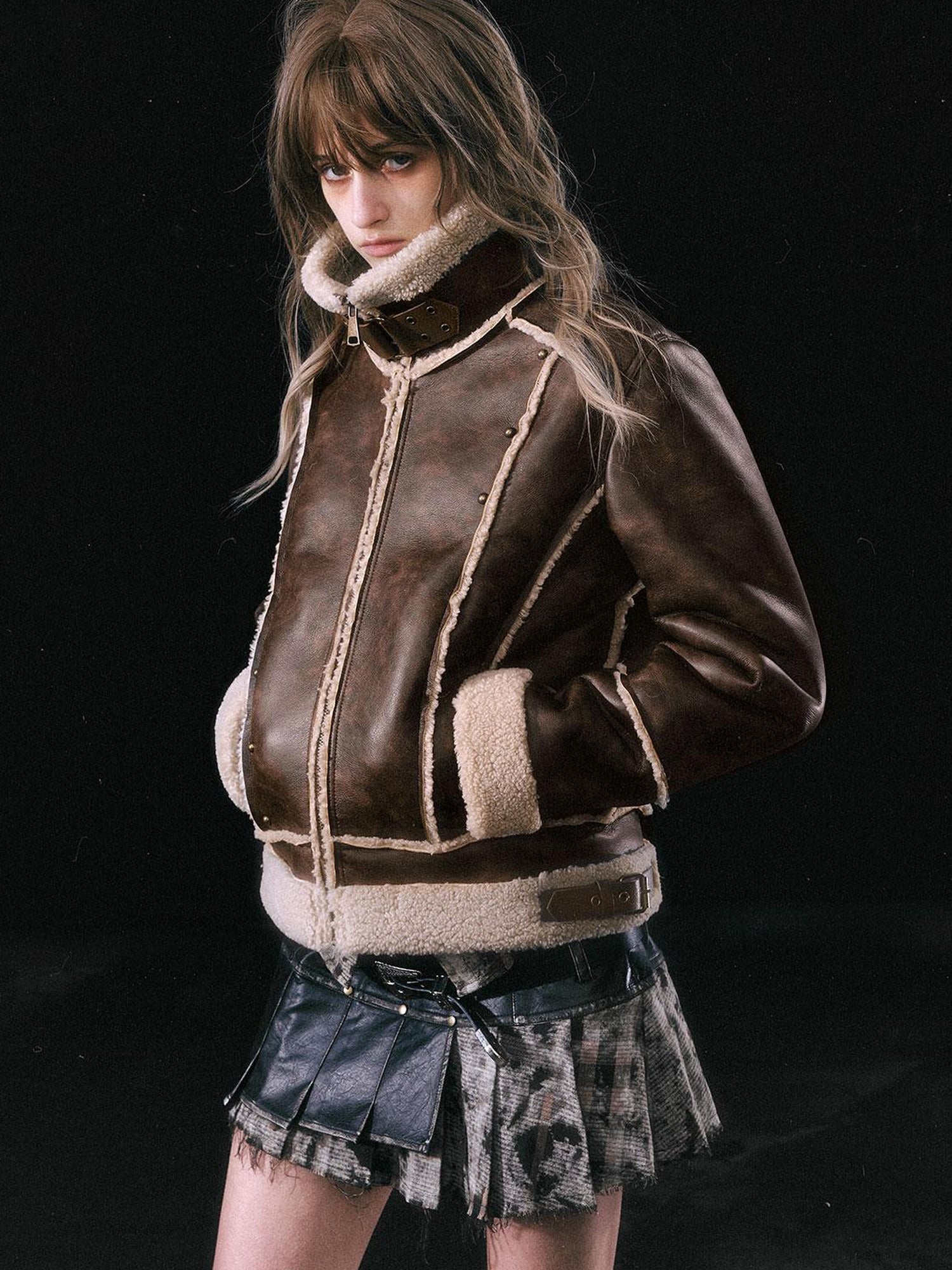 Update c Yanyu Escape Brown Faux Shearling Motorcycle Jacket