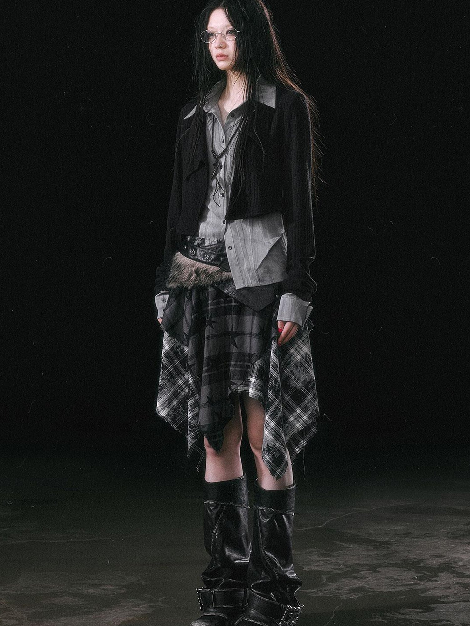 Update c Yanyu Escape Star Frayed Grid Asymmetrical Skirt
