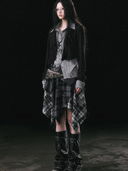 Update c Yanyu Escape Star Frayed Grid Asymmetrical Skirt