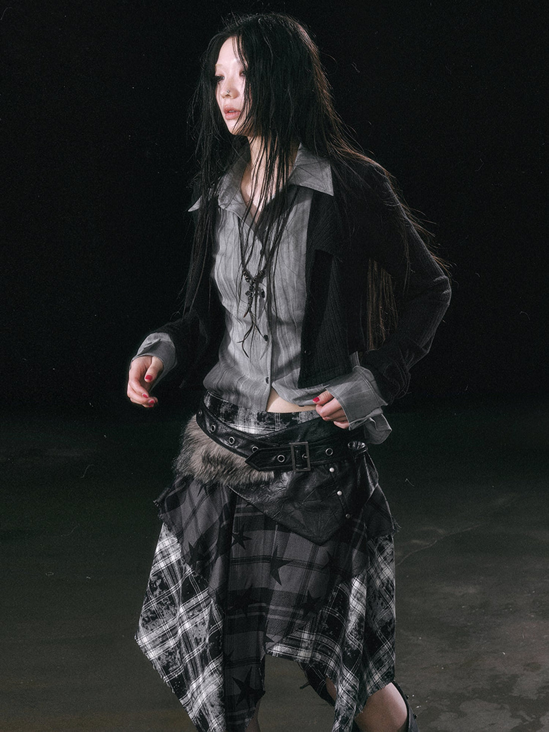 Update c Yanyu Escape Star Frayed Grid Asymmetrical Skirt