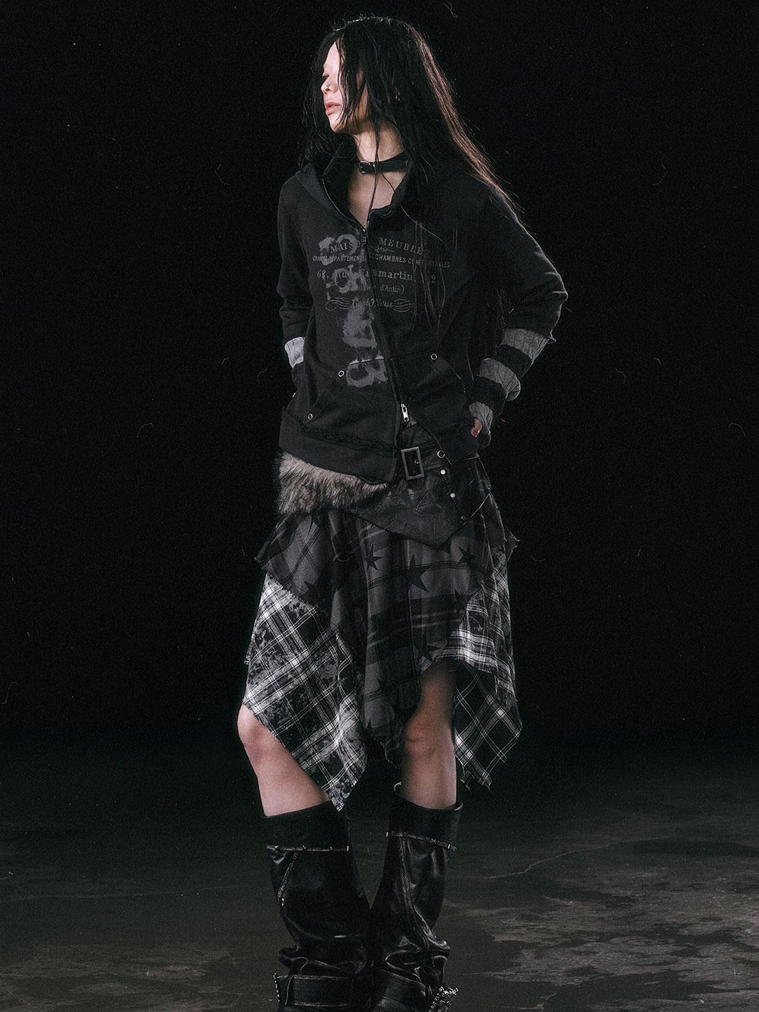 Update c Yanyu Escape Star Frayed Grid Asymmetrical Skirt