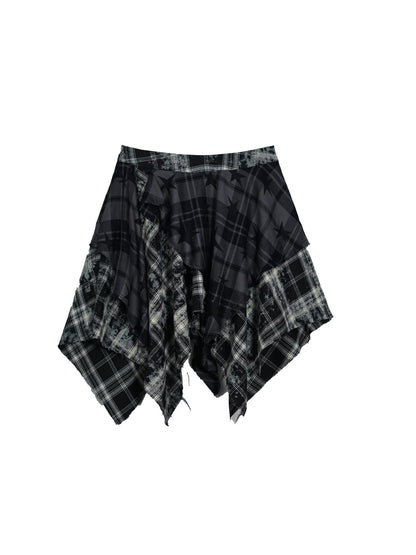 Update c Yanyu Escape Star Frayed Grid Asymmetrical Skirt