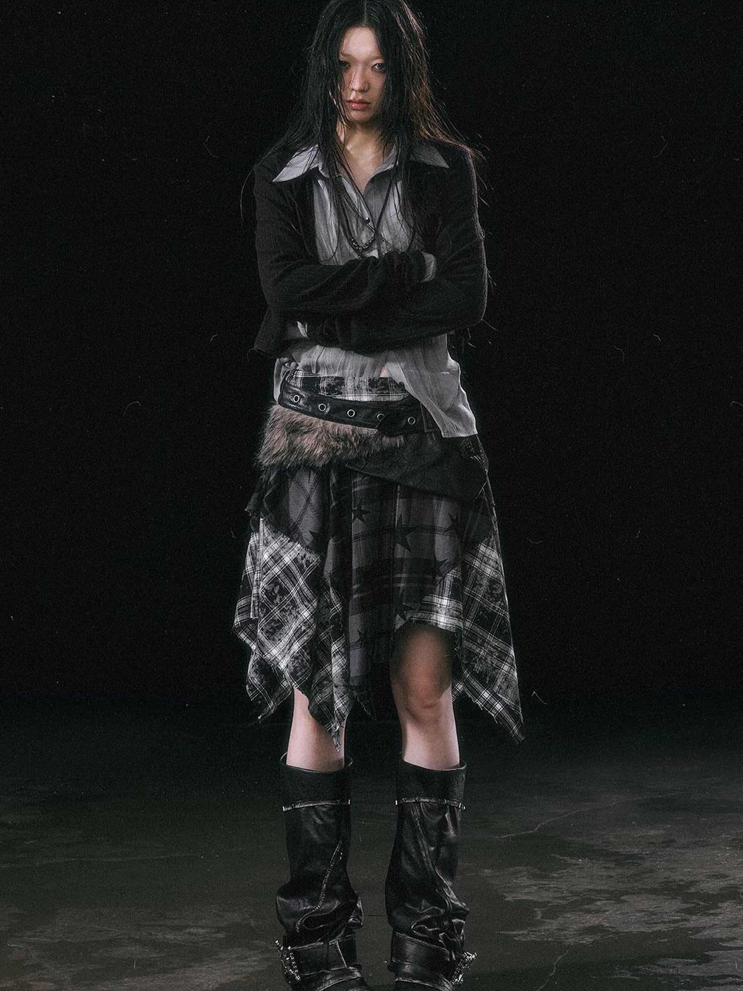 Update c Yanyu Escape Star Frayed Grid Asymmetrical Skirt
