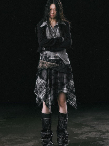 Update c Yanyu Escape Star Frayed Grid Asymmetrical Skirt