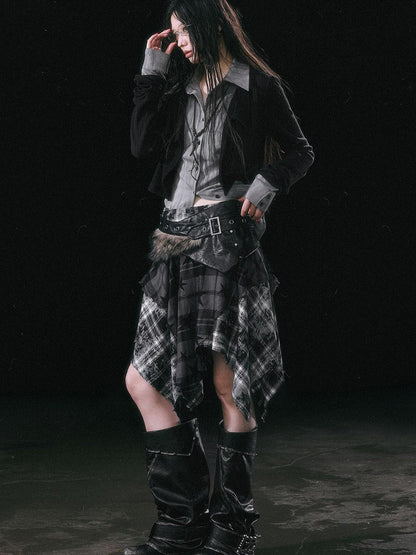 Update c Yanyu Escape Star Frayed Grid Asymmetrical Skirt