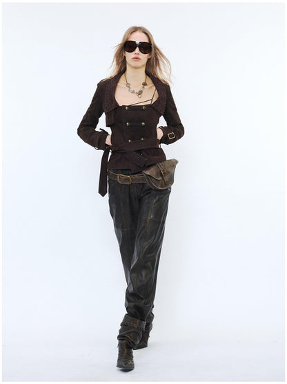 2th Desire Waist Cinch Punk Leopard Print Slim Fit Zip Short Women Trench Coats