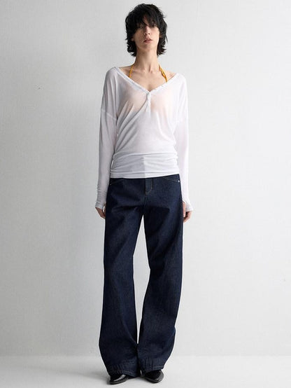 RUN TO THE FUTURE Durable Dark Cotton Denim Casual Oversized Natural Waist Ladies Wide-Leg Jeans