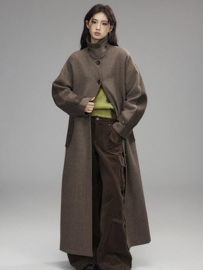 Low pixel Wool Blend Thick Colorblock Oversized Stand Collar Single Breasted Wool Coats