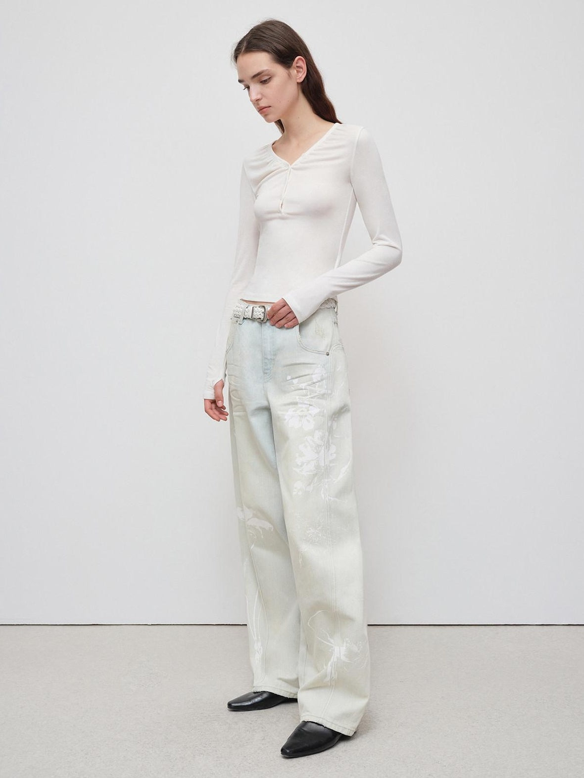 RUN TO THE FUTURE Vintage Light Blue Floral Cotton Loose Casual Womens Zipper Fly Wide-Leg Jeans